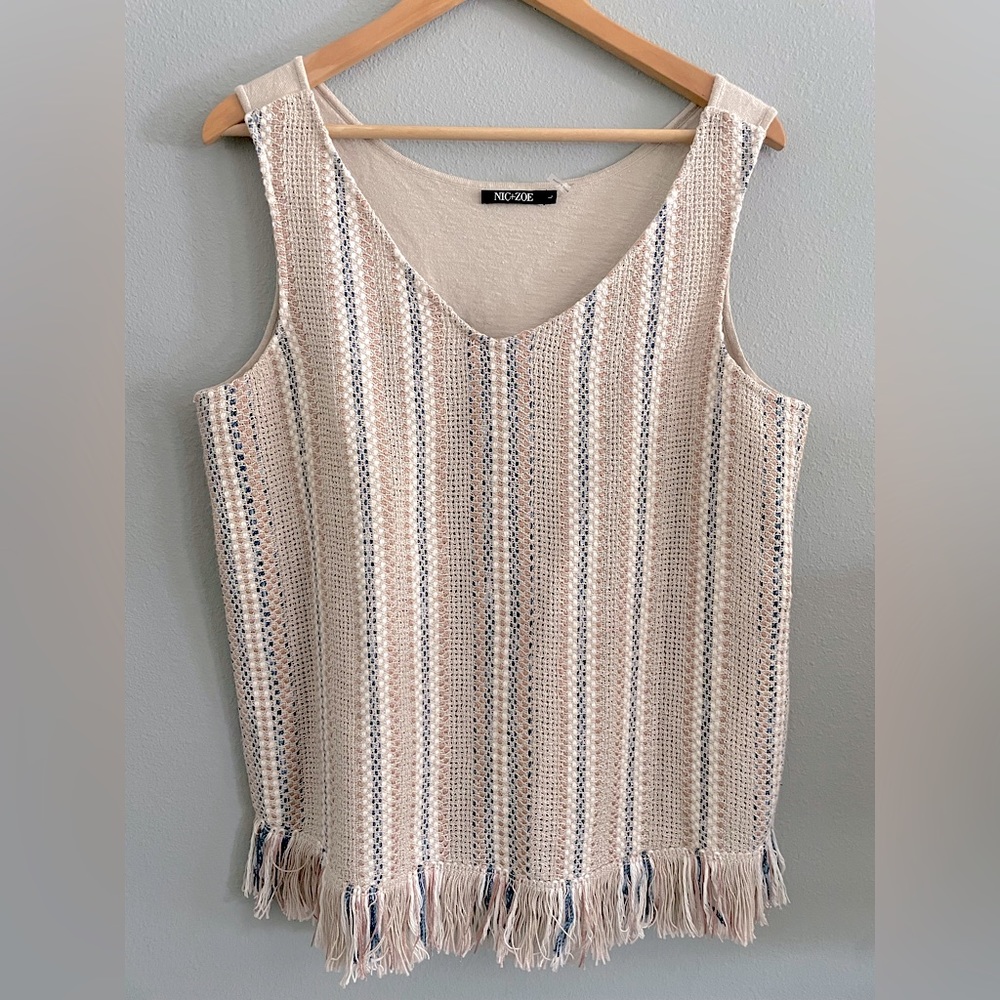 Nic+Zoe Fringe Crochet Beachy Coastal Stripe Creamy Knit Top (L)